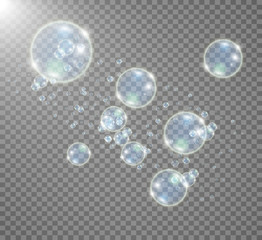 White beautiful bubbles on a transparent background vector illustration. Soap bubbles.