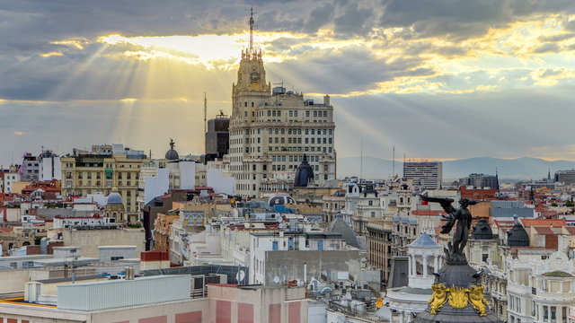 Telefonica Building is a Manhattan-style skyscraper at Gran Via timelapse, Madrid, Spain. Telefonica Building is the tallest building in downtown Madrid built in 1920s.