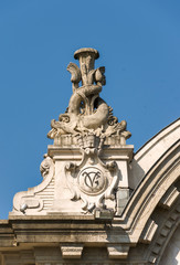 The Bâtiment des Forces motrices in Geneva. the facade is adorned with statues representing Neptune, Ceres and Mercury.