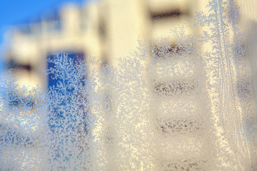 frost window glass with icy pattern