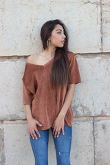 Portrait of cute and fashion caucasian young woman. Posing with ideal slim sexy body with dark hair...