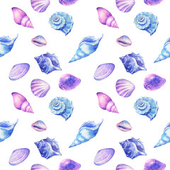 Watercolor seamless pattern with shells.