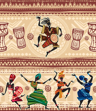 Dancing people on Ethnic background with African motifs