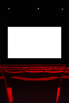 Movie Theatre With Empty Armchairs And Empty Cinema Curtain.