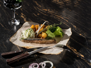 rustic potatoes with salted fish and salad