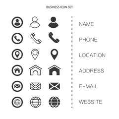Business card, finance and communication icons. Contact information symbols.