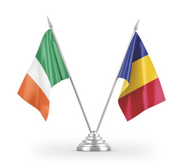Romania and Ireland table flags isolated on white 3D rendering