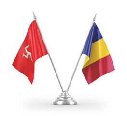 Romania and Isle of Mann table flags isolated on white 3D rendering