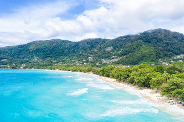 Fototapeta na wymiar Beach sea ocean Seychelles island nature vacation paradise drone view aerial photo