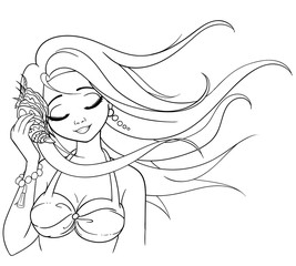 Girl holds a seashell. Woman wearing swimsuit and pearl earrings. Vector Eps 10. Can be used for coloring book, T-shirt, tattoo, print and cards. Black and white colors.