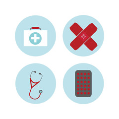 A Set of Medical icons. First aid kit, bandages, stethoscope, pills.