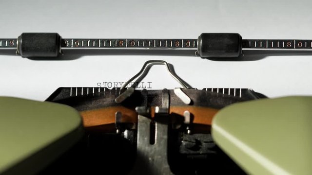 STORYTELLING, CONTENT, INFLUENCER and WRITING written on old green vitage retro typewriter buzzword montage
