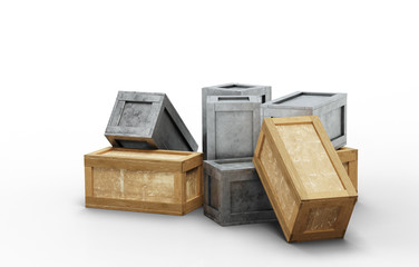 Some closed metal and wood transportation box put messy on the ground