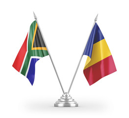 Romania and South Africa table flags isolated on white 3D rendering