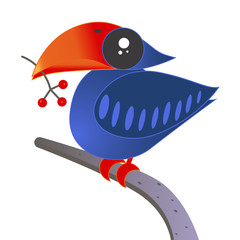 Flat illustration of a tropical bird sitting on a branch and holding berries in it`s beak