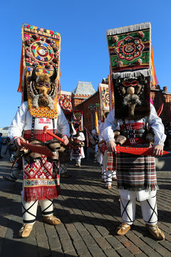 Moscow Maslenitsa Festival, Russia. Traditional national celebration in folk style. Slavic tradition. Performance with Bulgarian artists. Masked kukers from Bulgaria. Event, street theatre with masks