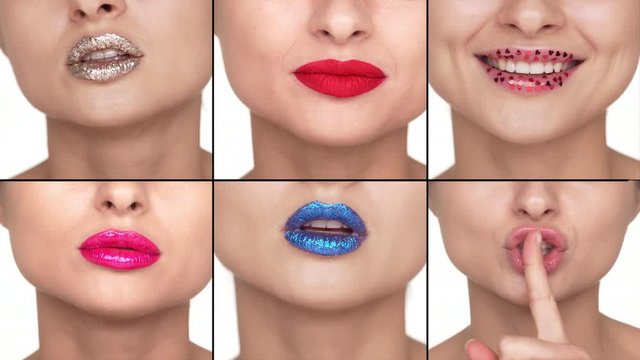 Split collage close-up women lips with colourful lipstick smiling flirty, glamour appearance. Fashion makeup and sensuality concept. Girls shushing, press index fingers to lips to hide secret
