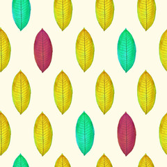 Yellow, green and red leaves, hand painted watercolor illustration, seamless pattern design on soft background