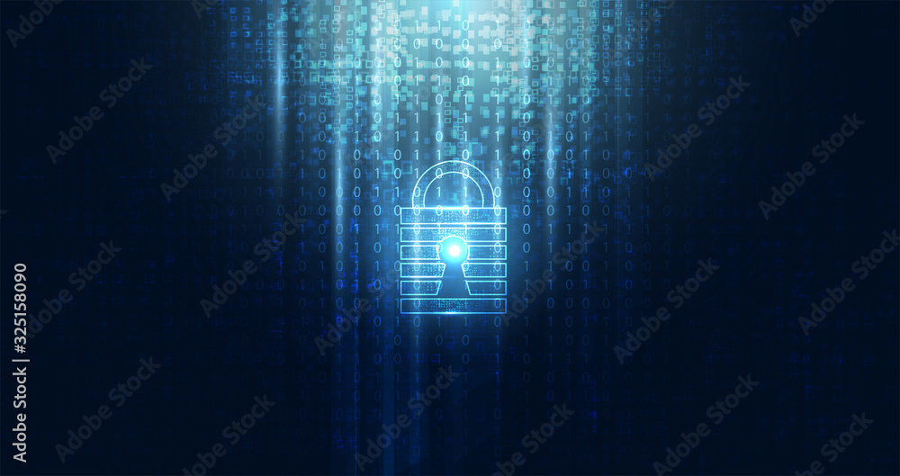 Aufkleber abstract cyber security with padlock blue binary technology future cyber background.