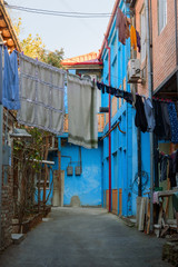 Fototapeta na wymiar Tbilisi, Georgia, 16 December 2019 - cityscape of an ordinary Georgian courtyard with laundry drying outside