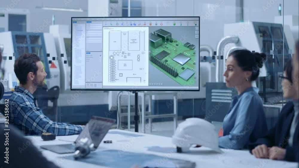 Leinwandbilder factory office meeting room: diverse team of computer design engineers, managers and investors talki