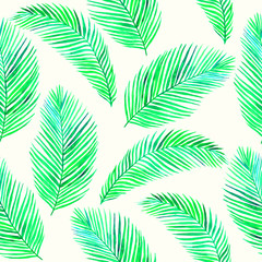 Areca palm (dypsis lutescens) leaves, hand painted watercolor illustration, seamless pattern design on soft background