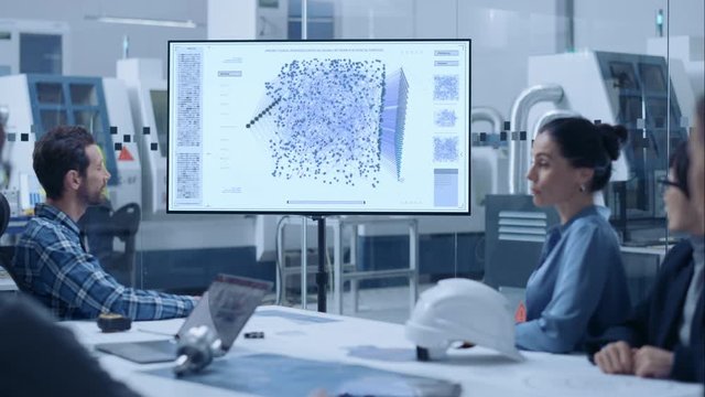 Factory Office Meeting Room: Diverse Team of Computer Design Engineers, Managers and Investors Talking at Conference Table, Watching Interactive TV that shows Neural Network, Machine Learning Concept