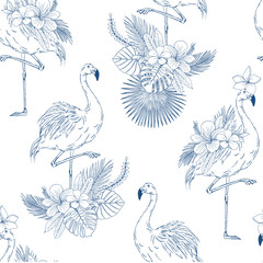 Flamingo with flowers hand drawn vector seamless pattern. Wild bird standing on one leg blue ink sketch background. Blooming Hibiscus, exotic foliage inky. Tropical textile, wallpaper design