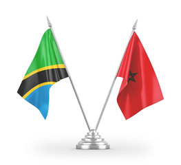 Morocco and Tanzania table flags isolated on white 3D rendering