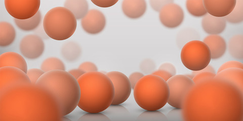 Realistic sphere background. 3D abstract spheres with reflections for science and medical molecule illustration. Vector banner with plastic texture balls, futuristic illustration fresh orange color
