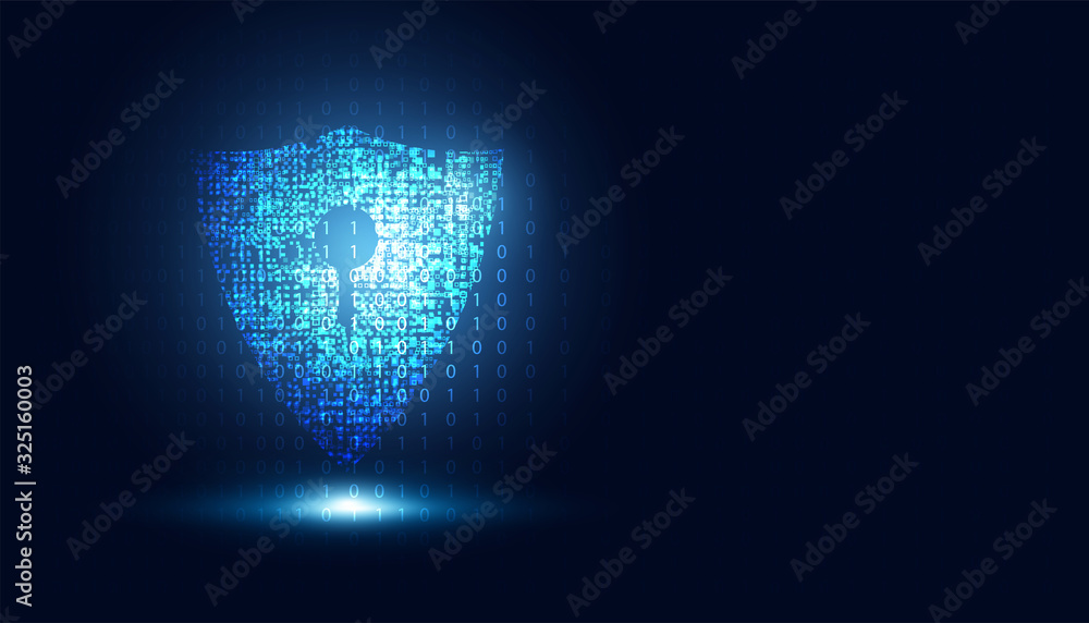 Poster abstract technology cyber security safe information privacy shield futuristic blue with binary digit