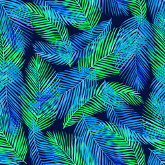 Areca palm (dypsis lutescens) blue and green leaves, hand painted watercolor illustration, Areca palm (dypsis lutescens) blue and green leaves, hand painted wseamless pattern design on dark background