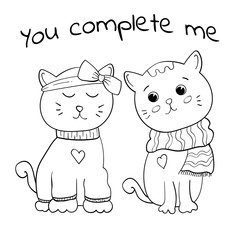 Hand drawn Cute cats Meow lettering text and red heart. Vector print design. Coloring page adult and kids.