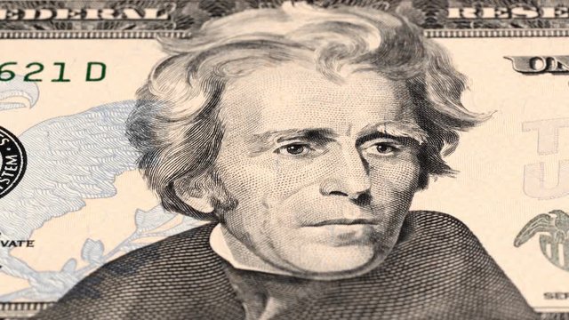 US President Andrew Jackson on 20 dollar bill tracking. Slider shot. Low angle, macro. 4K