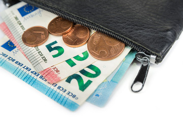 Euro and coins in a shabby wallet. Poverty concept