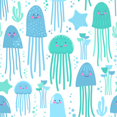 Seamless vector pattern with cute cartoon jellyfish and sea stars.