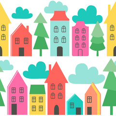 Obraz na płótnie Canvas Seamless vector pattern with cute houses, clouds and trees.