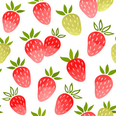 Strawberry kiss - seamless pattern with watercolor effect. Vector illustration with ripe and unripe strawberries.