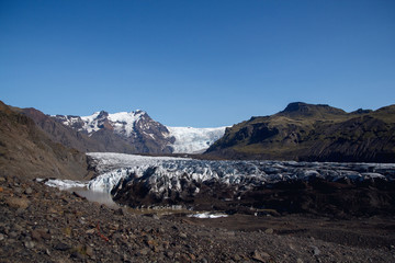 Fantastic view on Solheimajokull glacier in Katla Geopark on Icelandic Atlantic South Coast. Location: South glacial tongue of Myrdalsjokull ice cap, near Vik village, Iceland, Europe