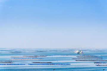 Beautiful nature landscape of the blue sea under the blue sky and floating buoys for mussel or...