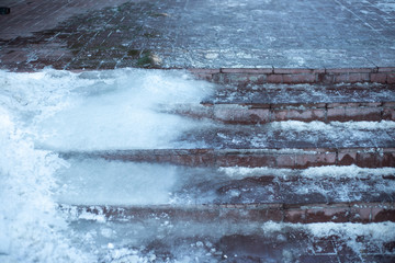 slippery ice steps at the entrance