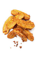 Banana chips are tasty appetizers, top view - crispy sweet on a white background.