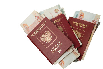 Russian passport with money for shopping abroad, travel and entertainment. Money is lying on the table light background.
