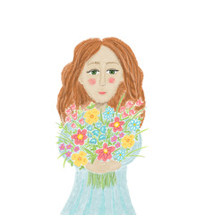 Girl in the blue dress with the bouquet of  wild flowers, greeting card, poster, invitation