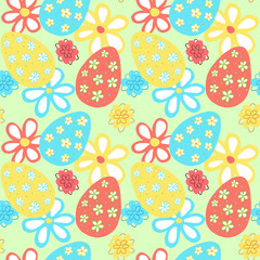 Seamless pattern with eggs and flowers on the green background , scrapbooking paper, easter ornament, high quality for print, textile for kids, wall paper