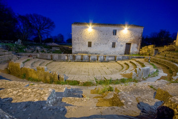 night view of the theater of the ancient Roman city of Sepino, Campobasso, Molise, Italy.