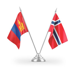 Norway and Mongolia table flags isolated on white 3D rendering