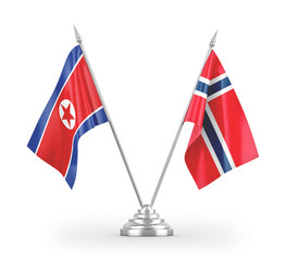 Norway and North Korea table flags isolated on white 3D rendering