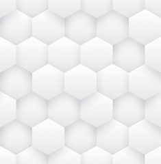 3D-Vektor-Hexagone weißes abstraktes nahtloses Muster. Wissenschaft Technologie sechseckige Blöcke Struktur Licht konzeptionelle sich wiederholende Tapete. Dreidimensionaler klarer, leerer, subtil strukturierter, kachelbarer Hintergrund