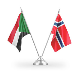 Norway and Sudan table flags isolated on white 3D rendering